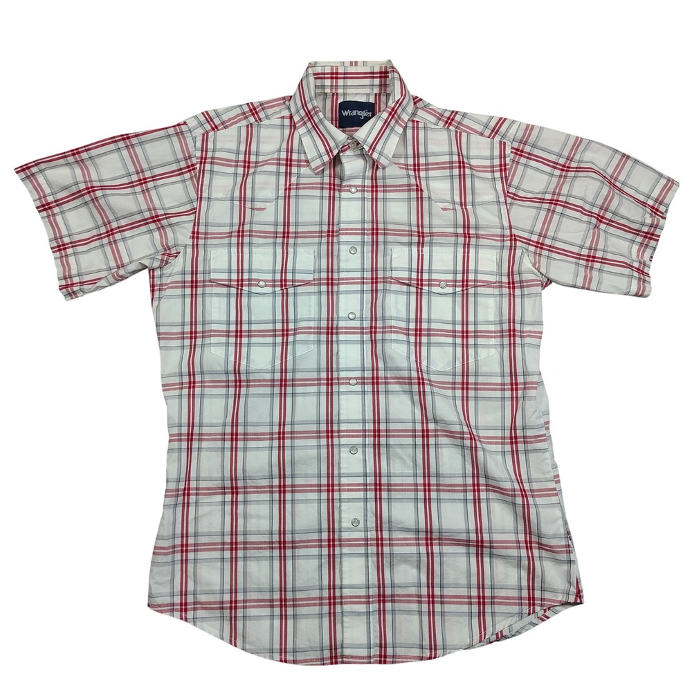 Wrangler Western Shirt Men Medium White Red Plaid Pearl Snap Short Sleeve Cotton